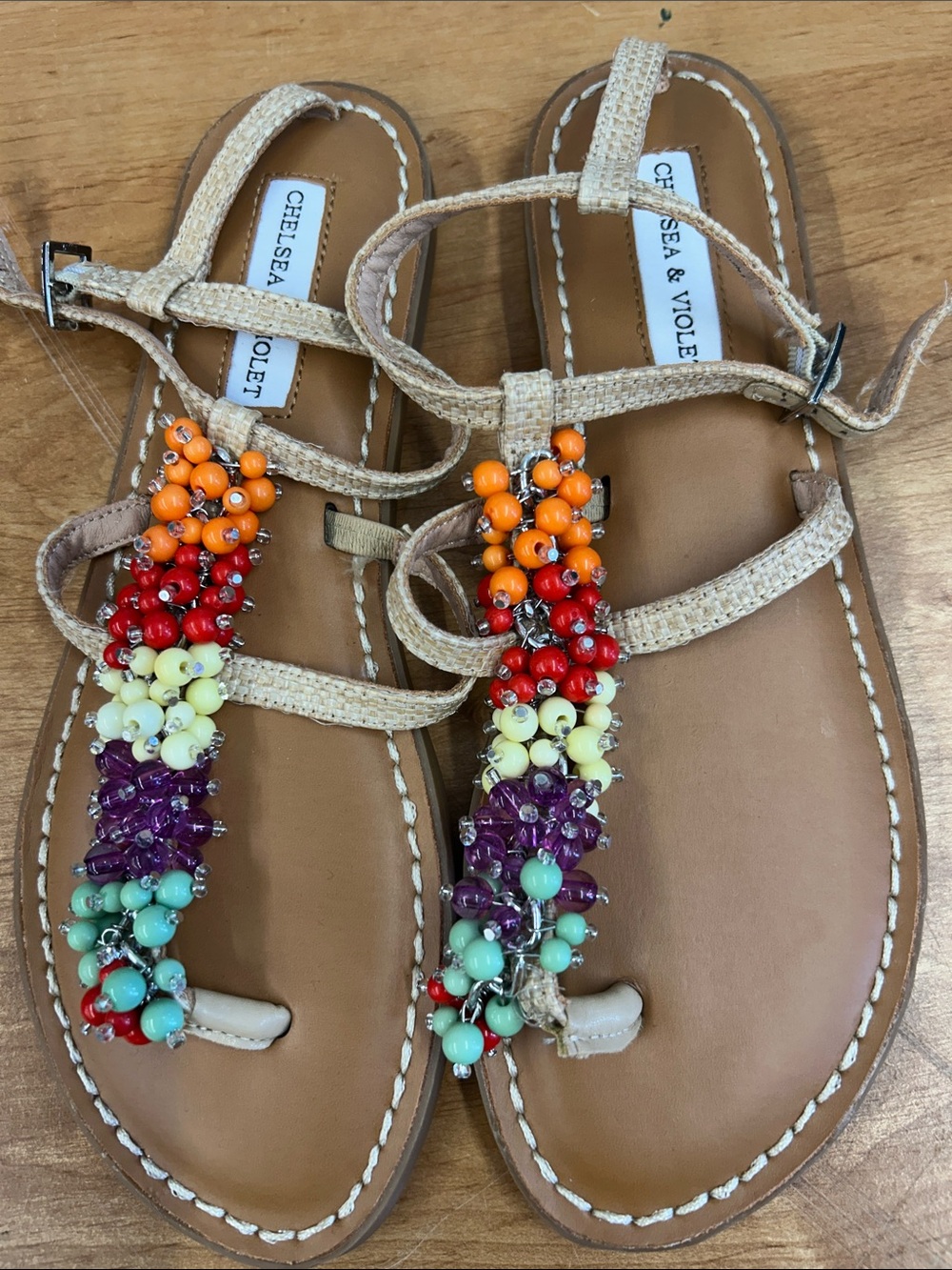 Chelsea & Violet Tan Sandals with Multicolor Beaded T-Strap